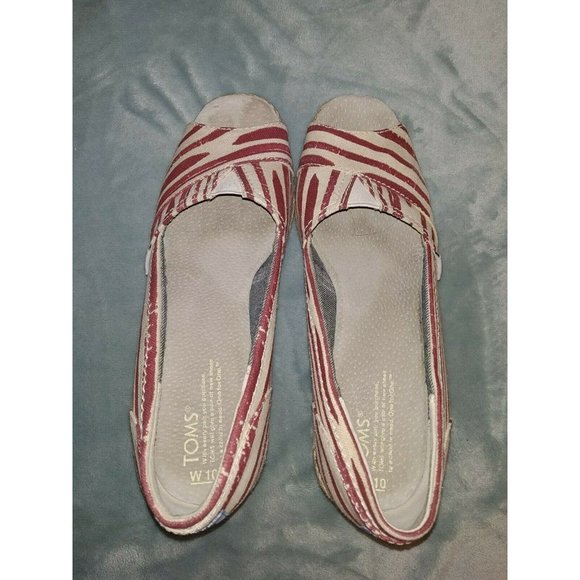 TOMS 10M Red Stripe Peep Toe Wedge Espadrilles 3-3/8" Woven Jute Heel - Picture 1 of 7
